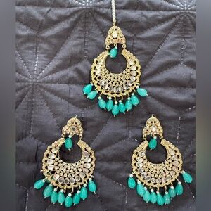 Indian Pakistani  Gold and Green/blue Chandelier Earrings jewelry set